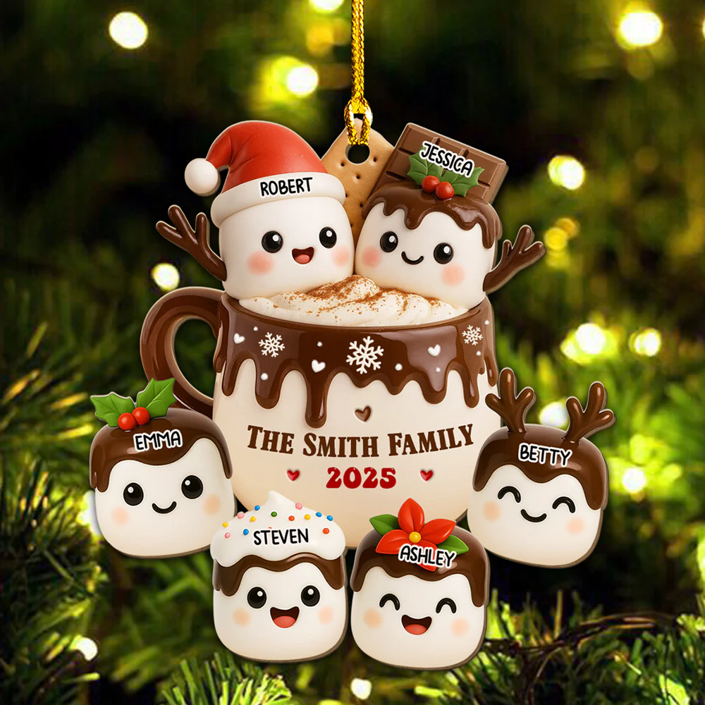 Marshmallow Family Hot Cocoa - Personalized Custom Wood Ornament - Image 5