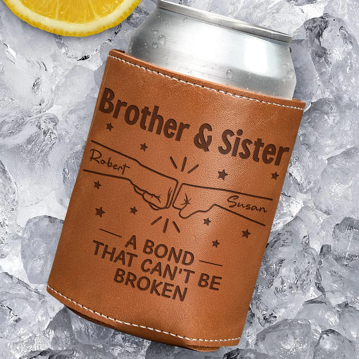 A Bond Between Brothers - Personalized Custom Engraved Leather Can Cooler Holder - Image 3