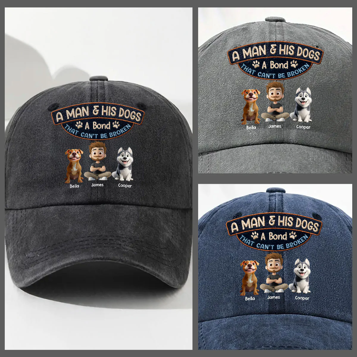 Alpha And His Dog - Personalized Custom Vintage Washed Denim Cap - Image 3