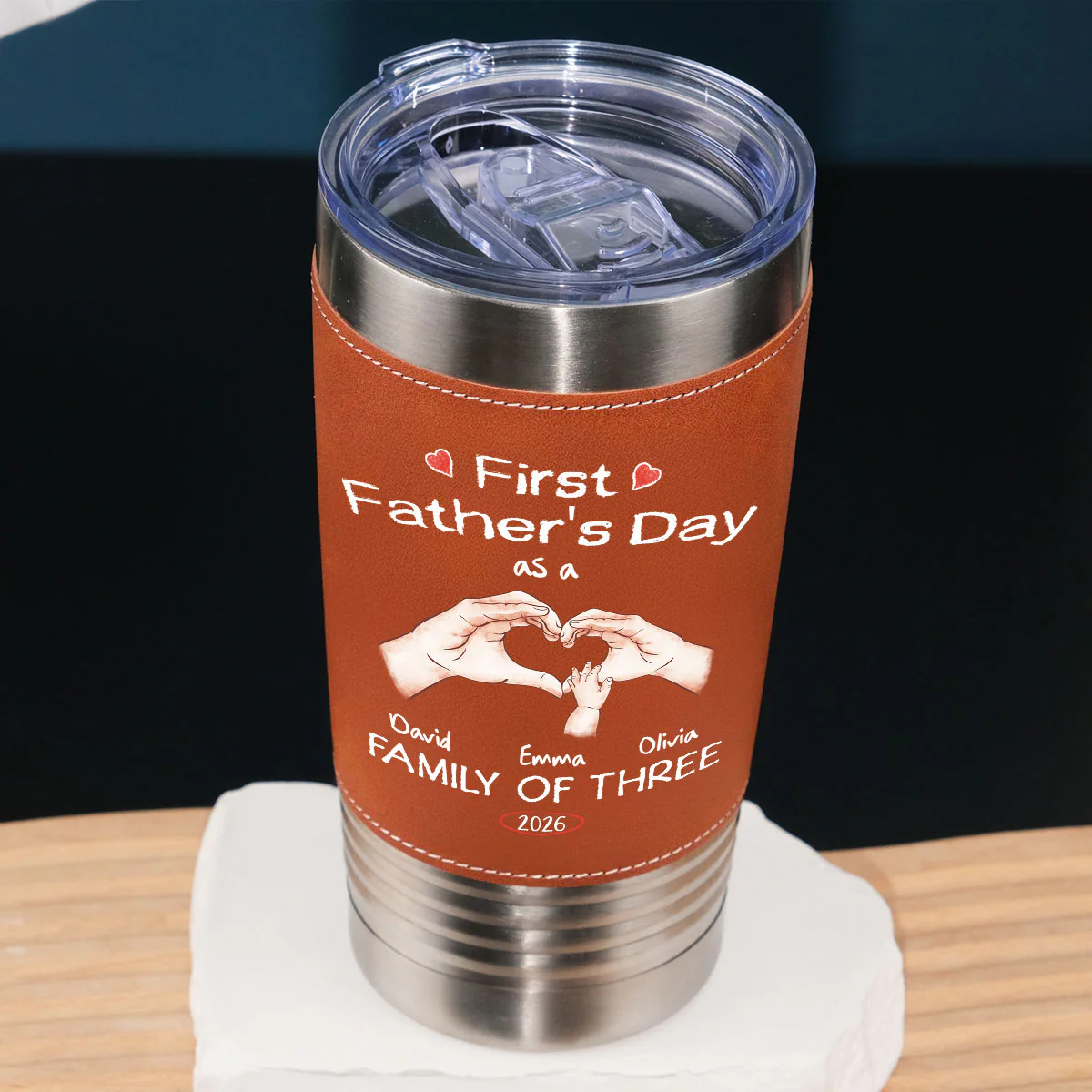 As A Family Of Three Fathers Day - Personalized Custom Leather Tumbler - Image 2