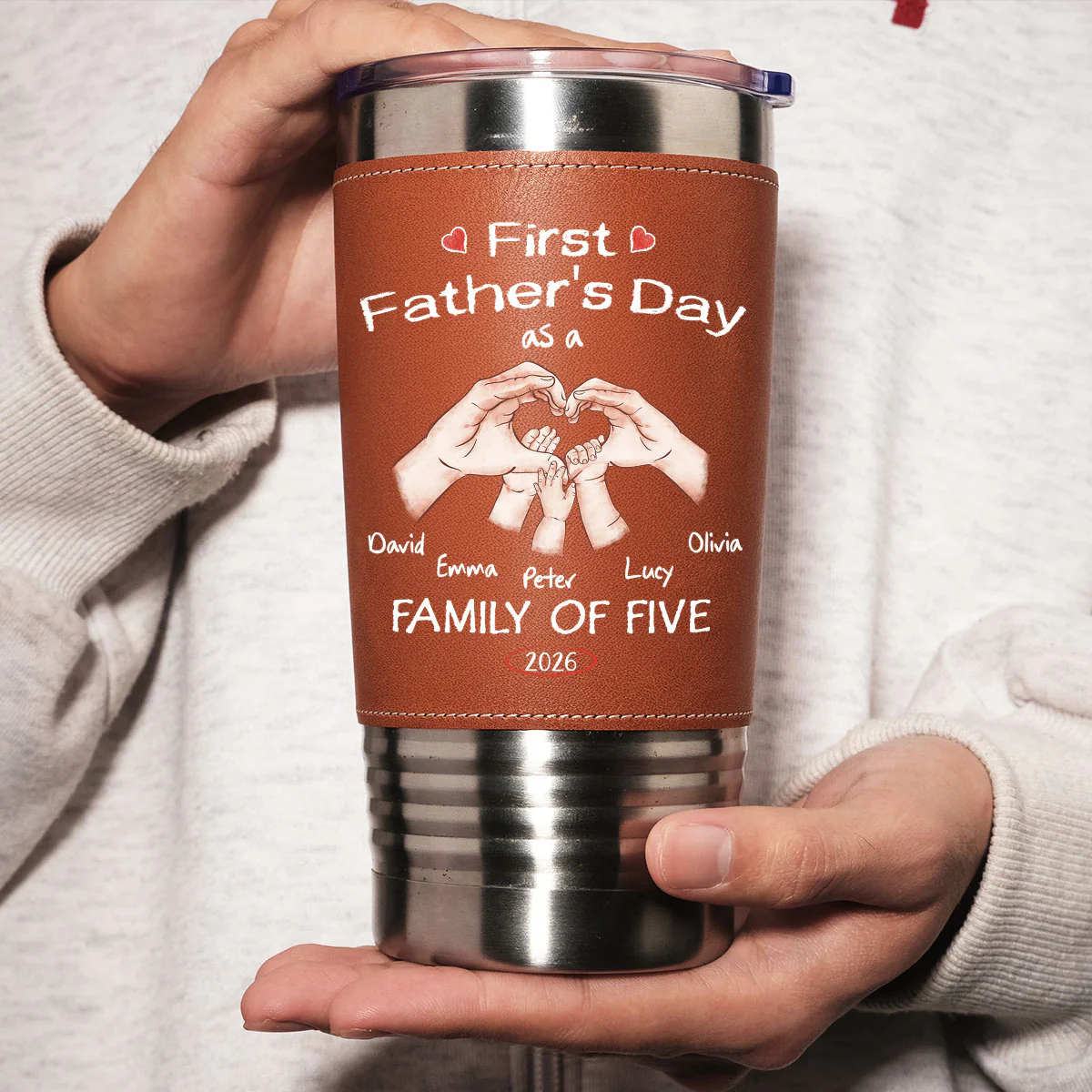As A Family Of Three Fathers Day - Personalized Custom Leather Tumbler - Image 4