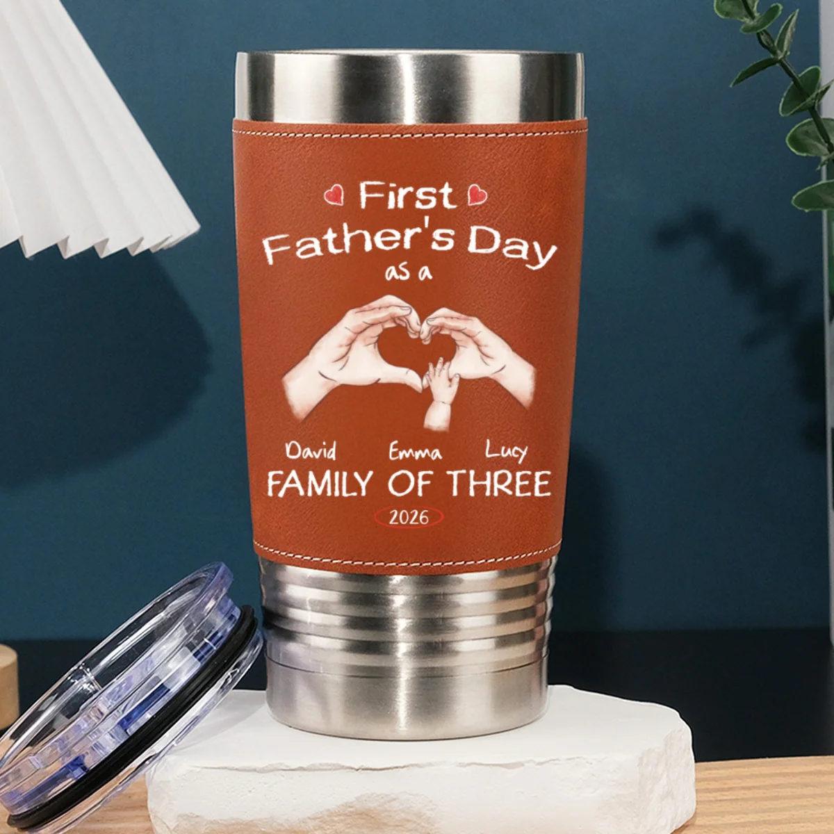 As A Family Of Three Fathers Day - Personalized Custom Leather Tumbler - Image 7