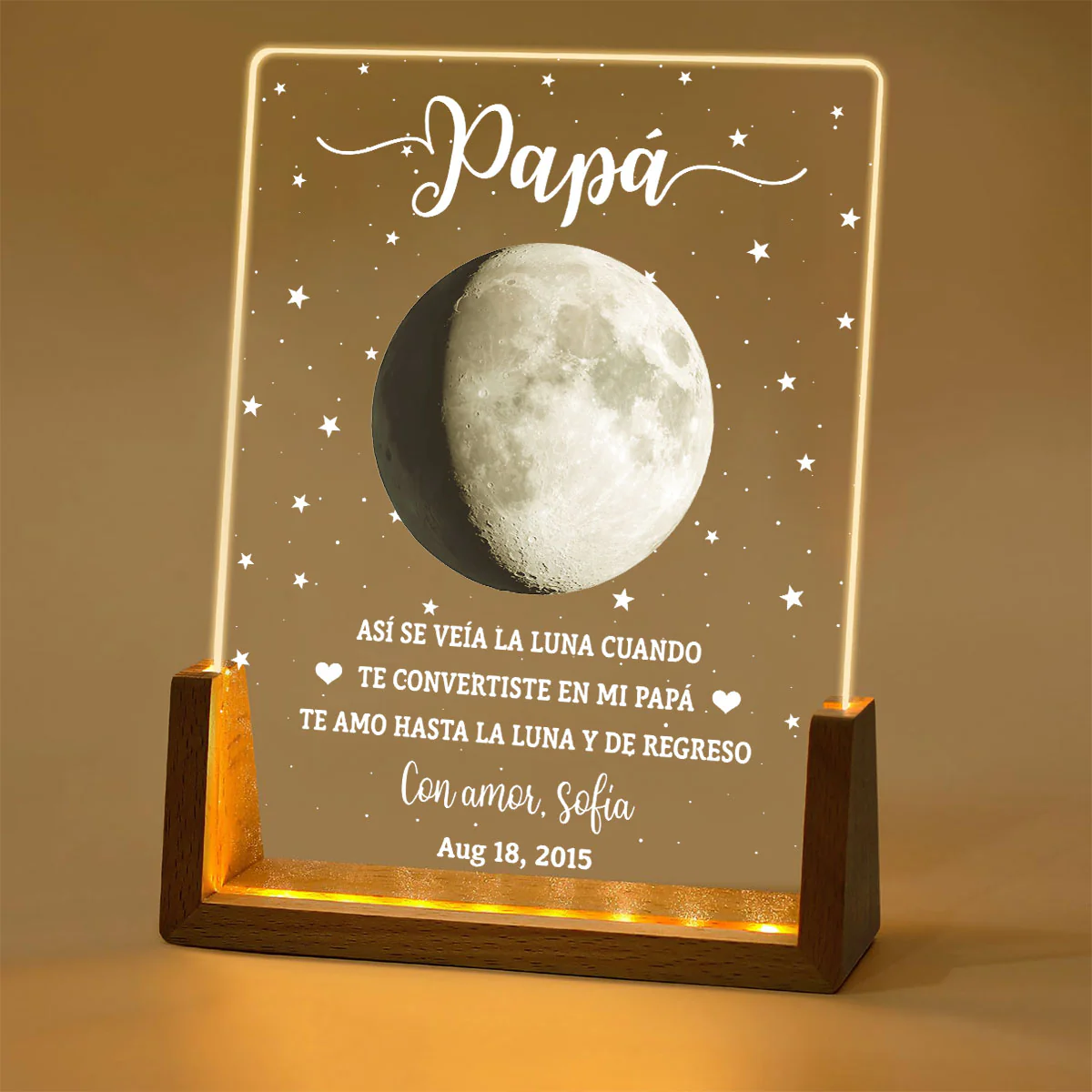Así Se Veía La Luna - Placa Personalizada Con Base De Nogal