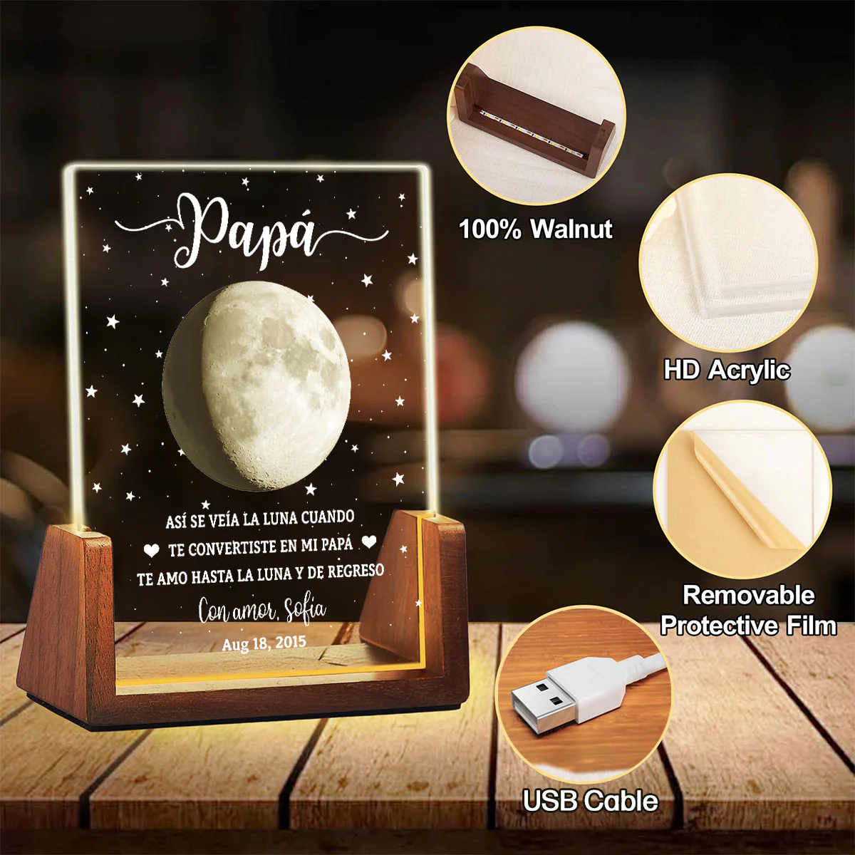 Así Se Veía La Luna - Placa Personalizada Con Base De Nogal - Image 7