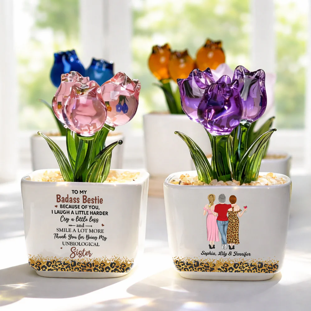 Because Of You I Laugh A Little Harder - Personalized Custom Glass Everlasting Tulips - Image 3