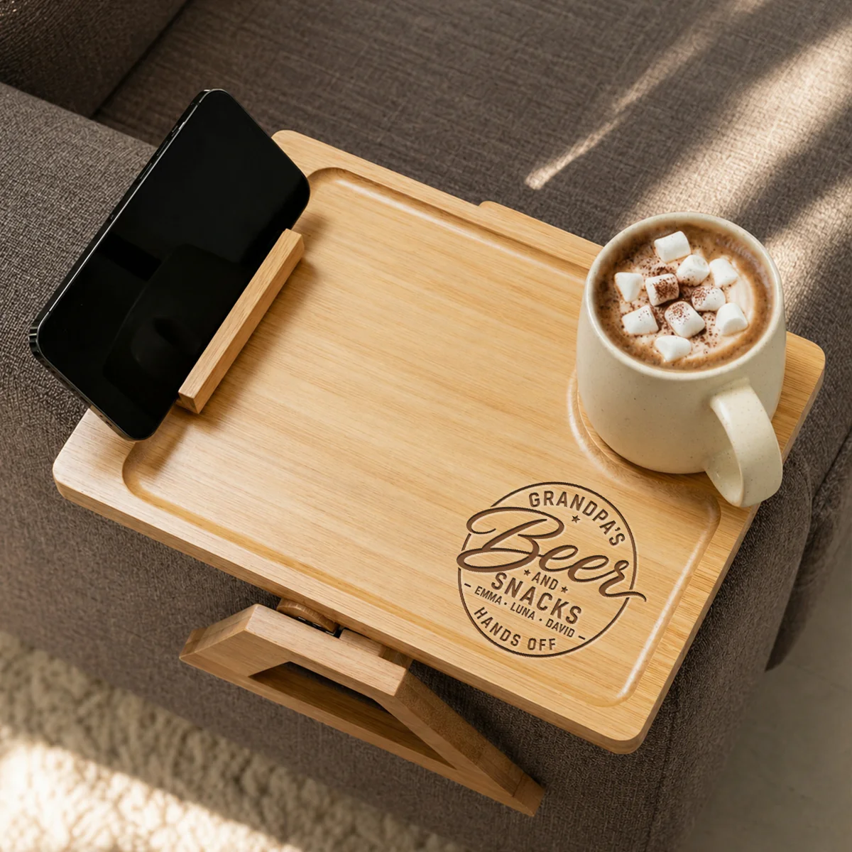 Beer And Snacks Hands Off - Personalized Custom Engraved Wooden Couch Arm Table