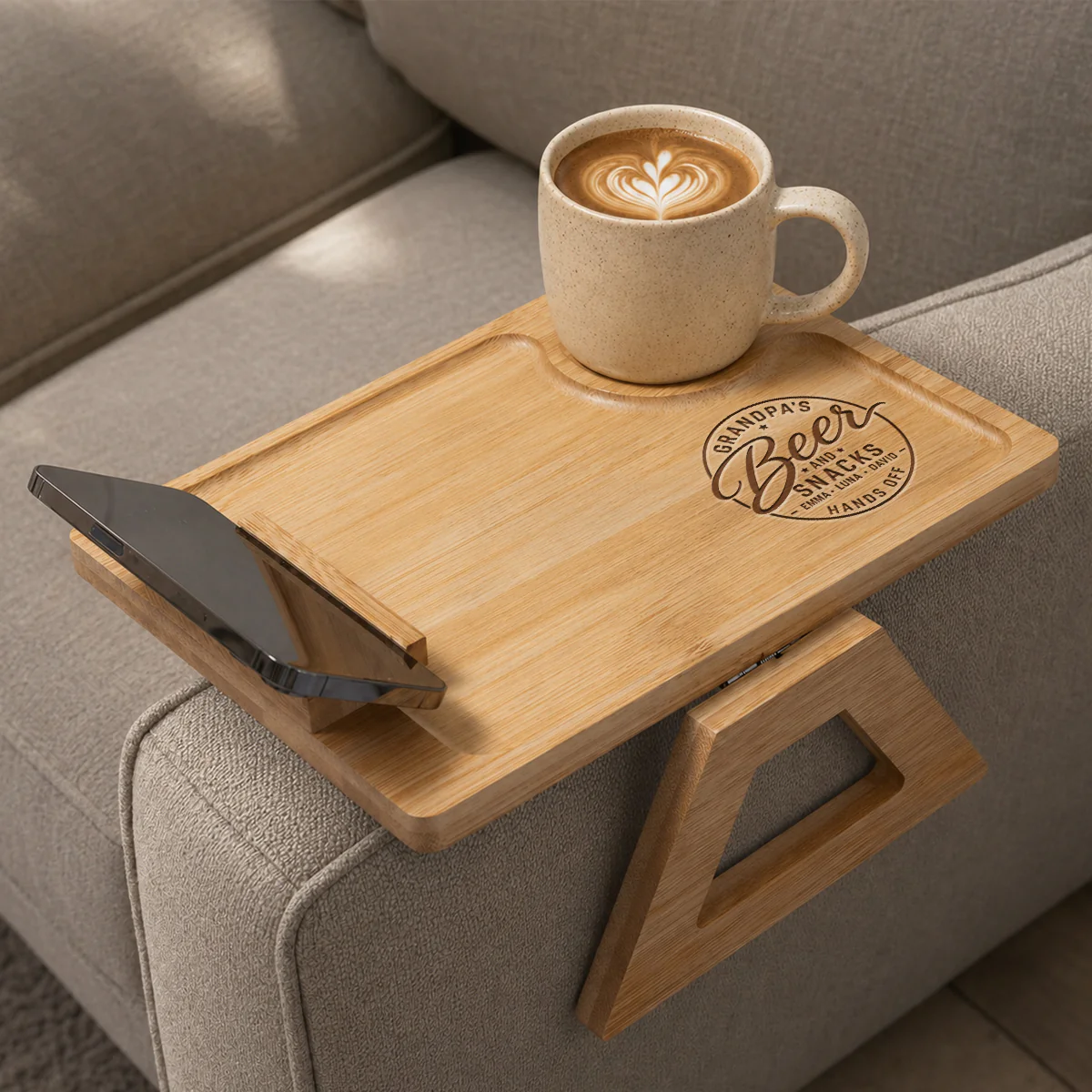 Beer And Snacks Hands Off - Personalized Custom Engraved Wooden Couch Arm Table - Image 2