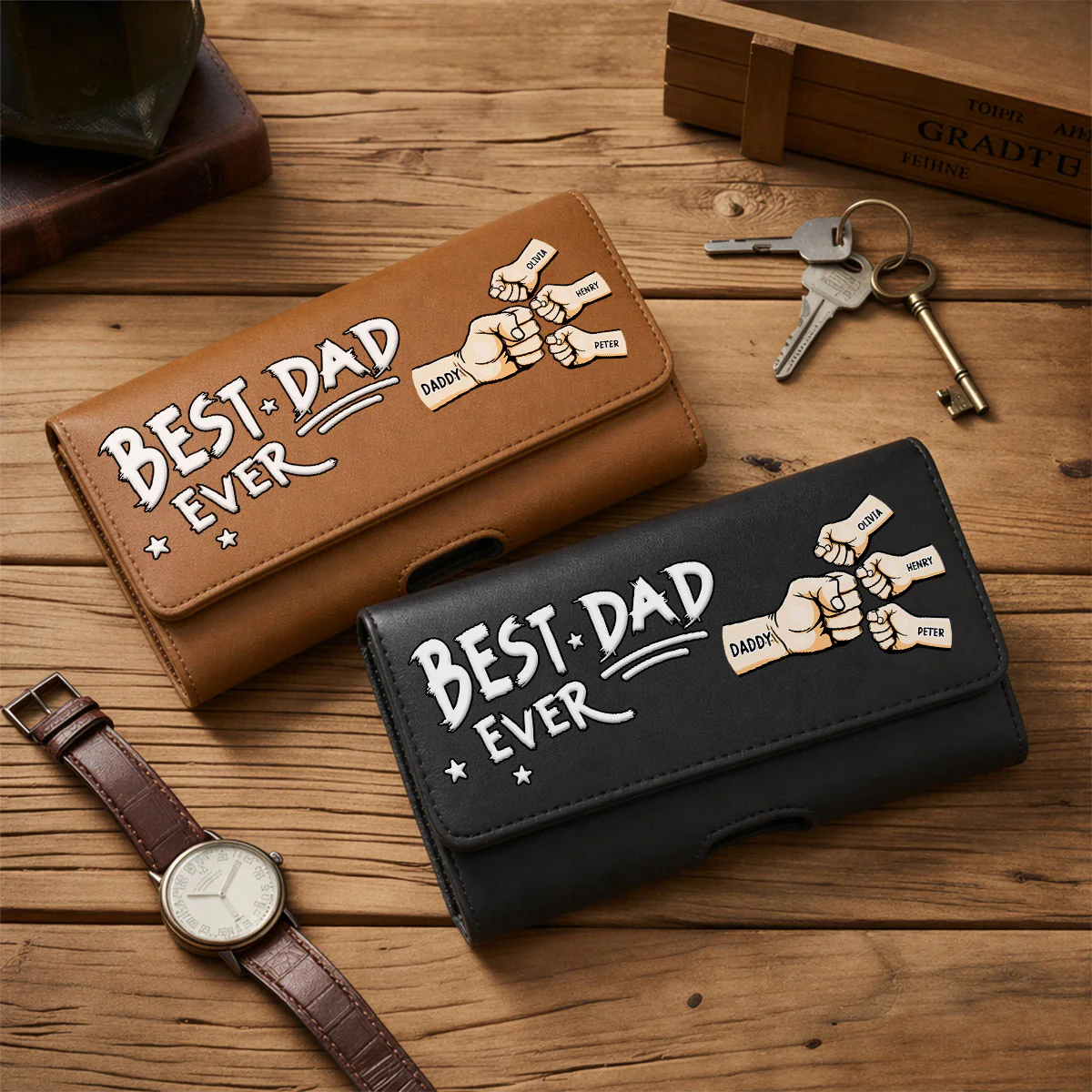 Best Dad - Personalized Custom Leather Phone And Card Holster - Image 2