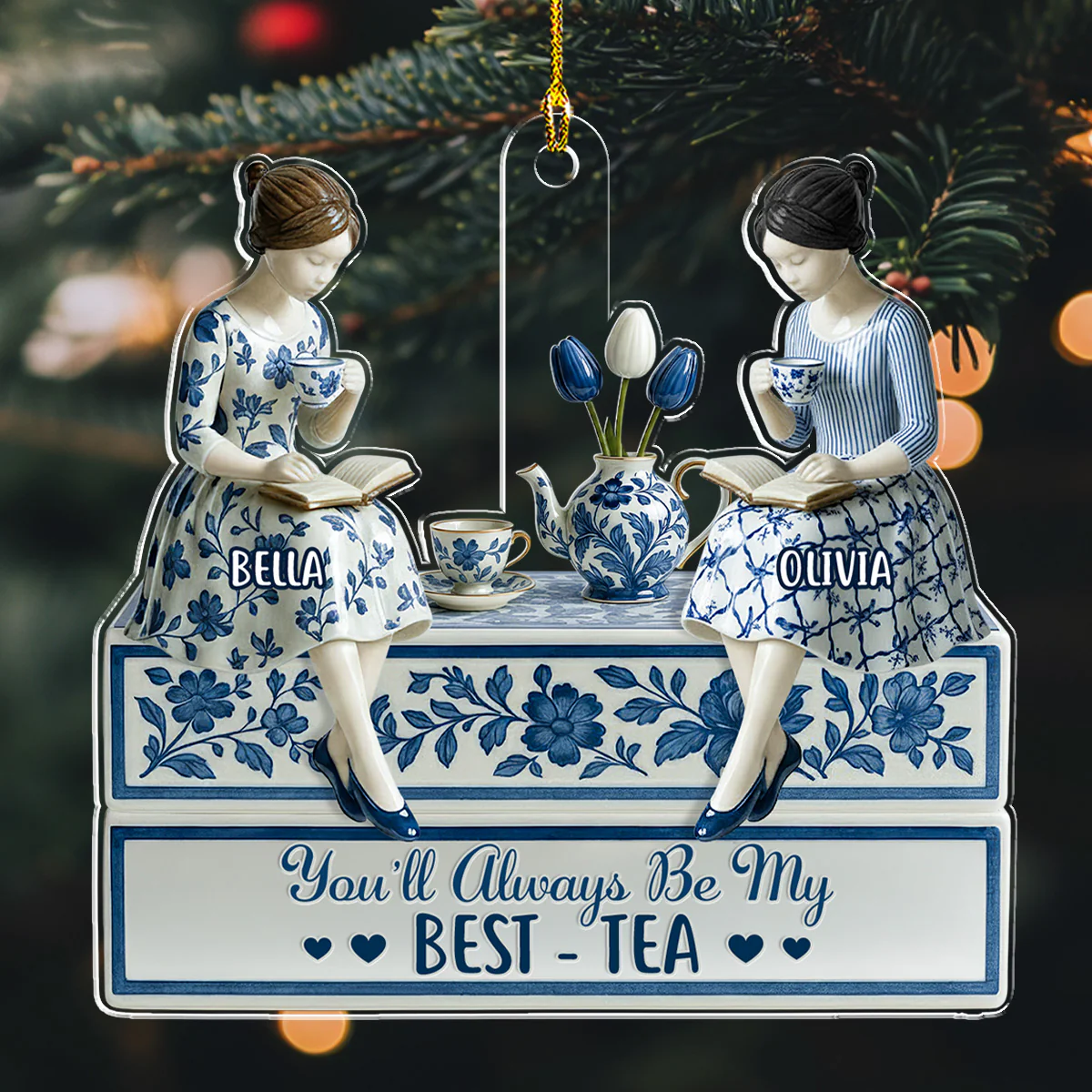 Bestie With Blue Toile - Personalized Custom Acrylic Ornament