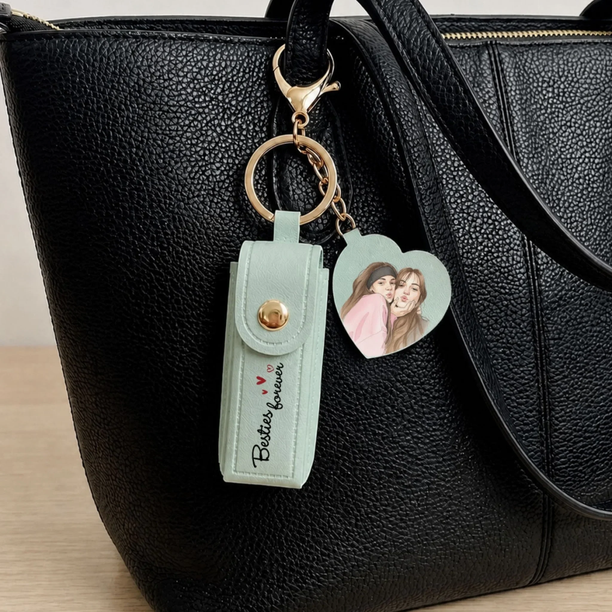 Besties Forever - Personalized Custom Leather Lipstick Case Keychain With Mirror - Image 7