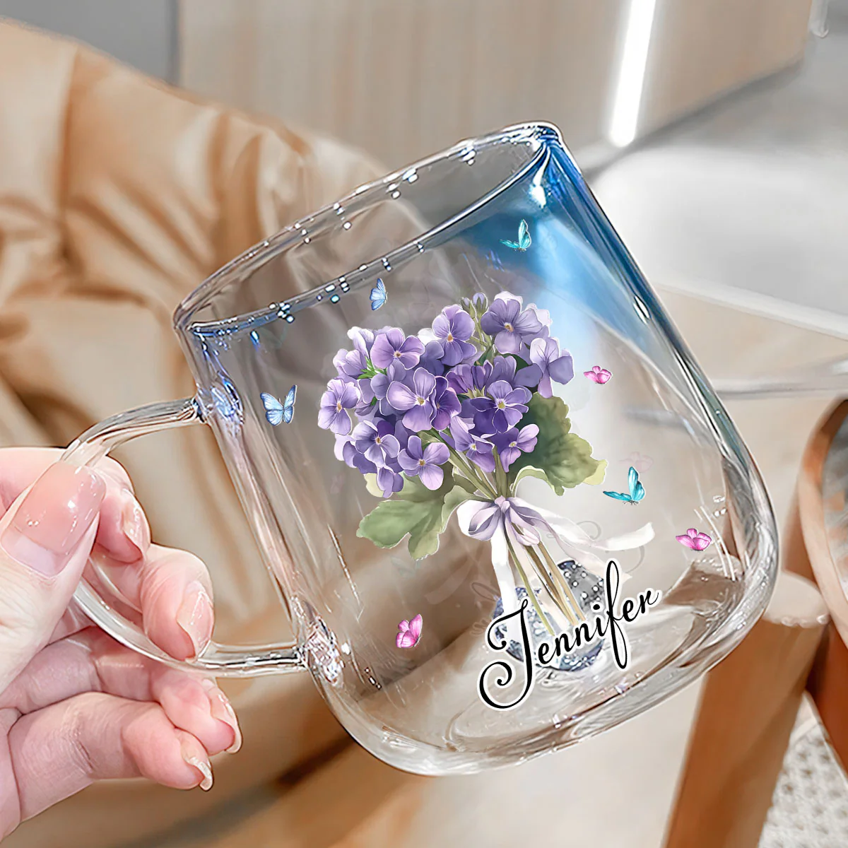 Birthmonth Flower With Name - Personalized Custom Blue Gradient Glass Mug - Image 5