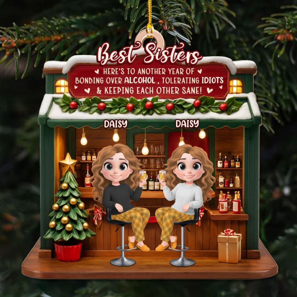 Bonded By Laughs And Wine - Personalized Custom 3D Effect Wood Ornament - Image 5