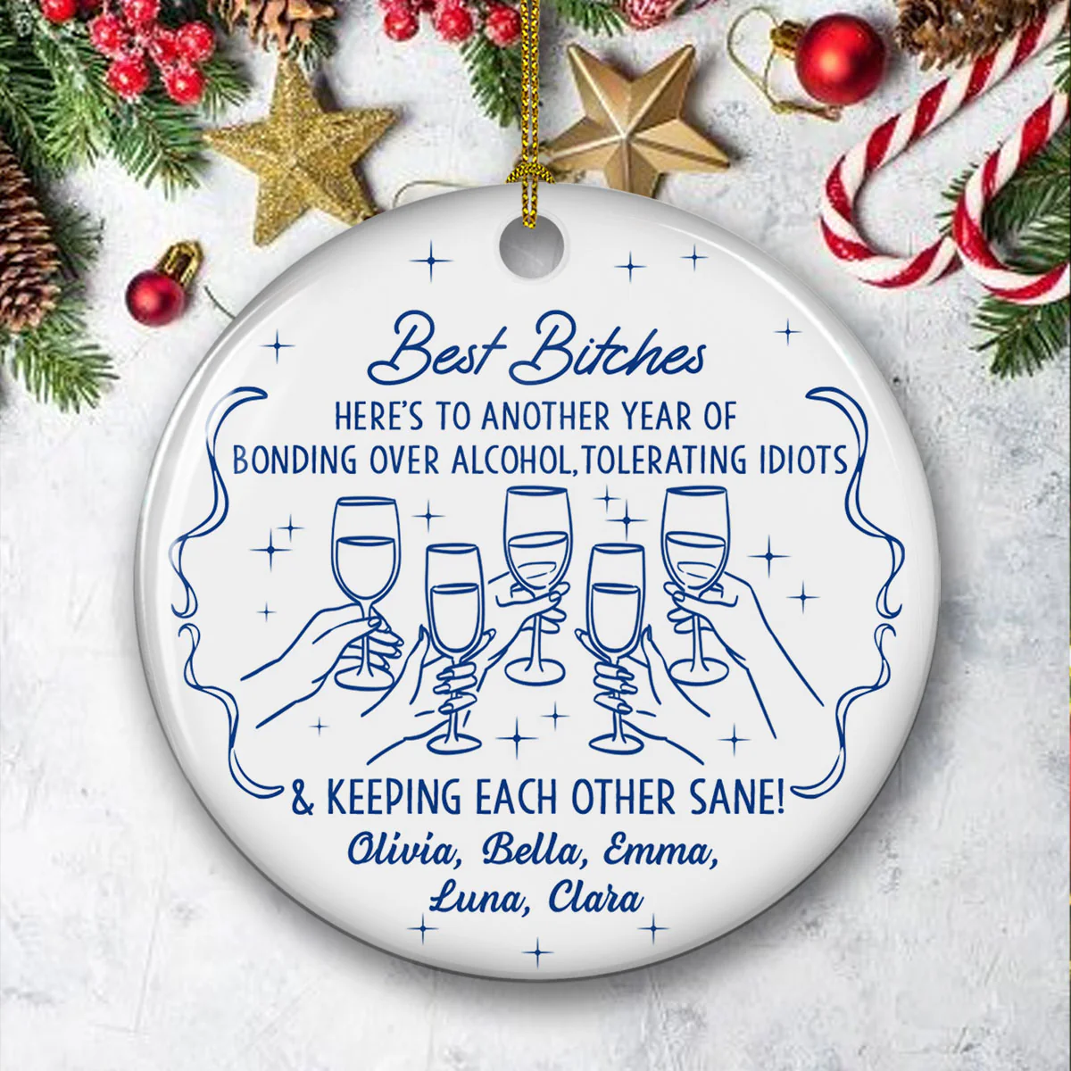 Bonded By Wine And Chaos - Personalized Custom Ceramic Ornament - Image 3