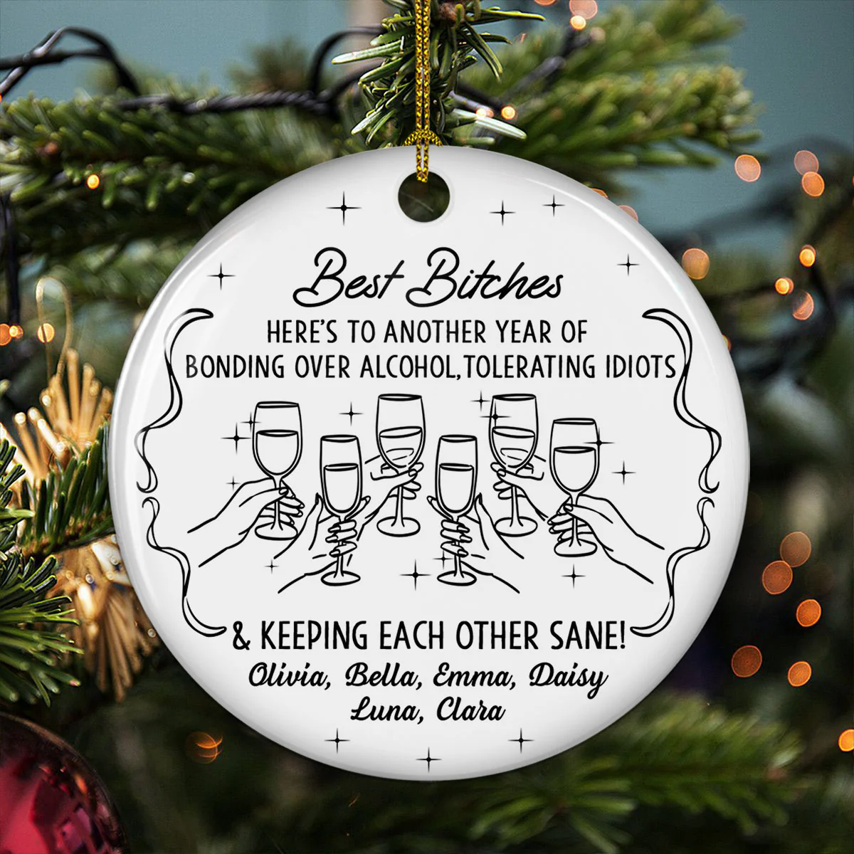 Bonded By Wine And Chaos - Personalized Custom Ceramic Ornament - Image 4