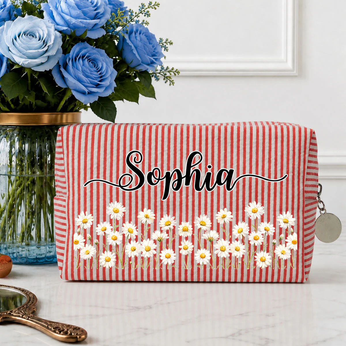 Born To Bloom - Personalized Custom Seersucker Print Makeup Bag