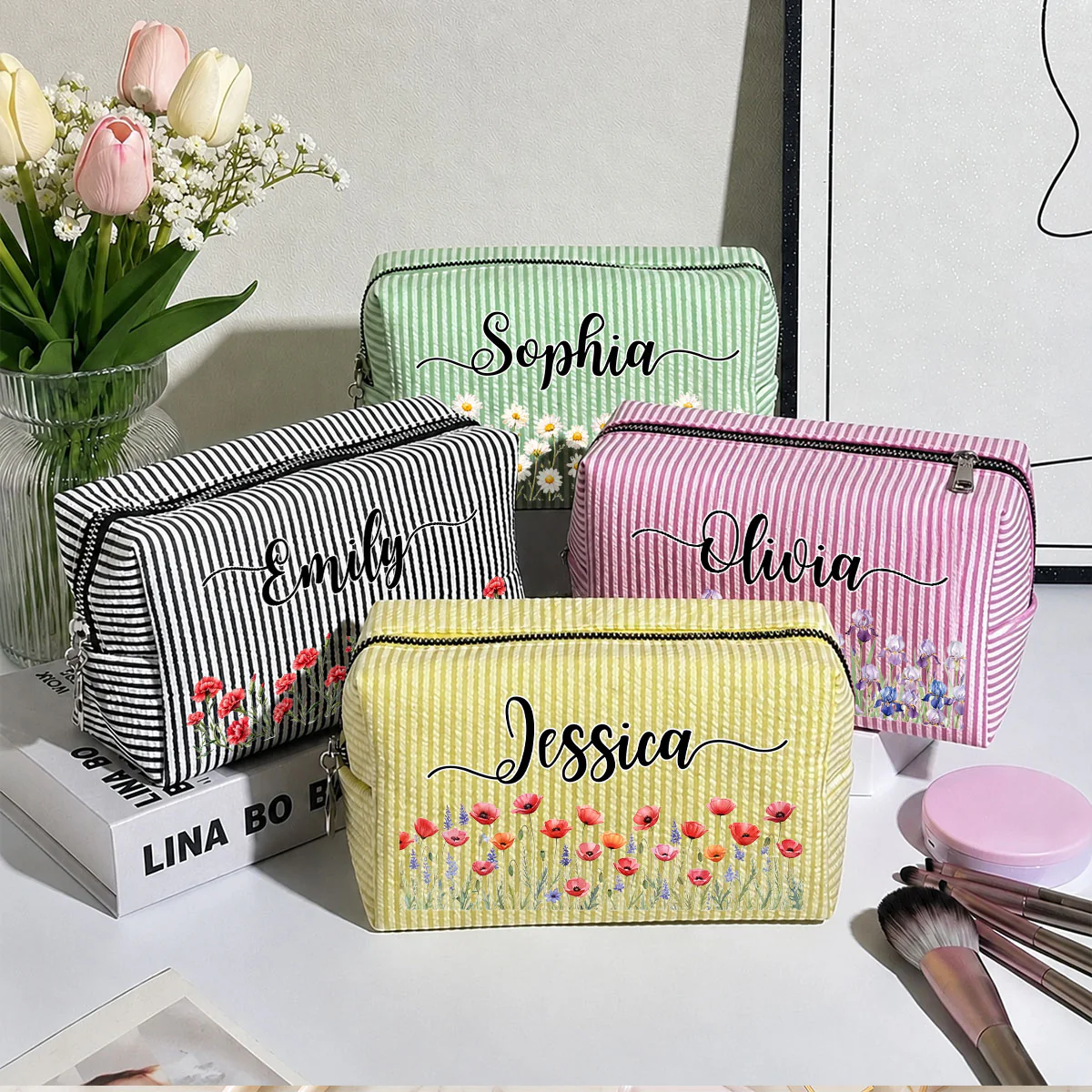 Born To Bloom - Personalized Custom Seersucker Print Makeup Bag - Image 2