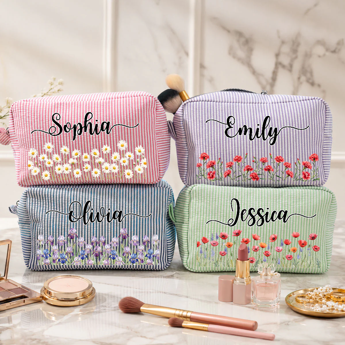 Born To Bloom - Personalized Custom Seersucker Print Makeup Bag - Image 3