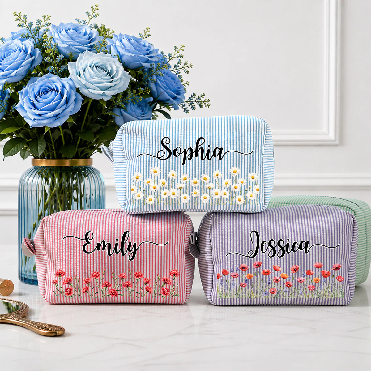 Born To Bloom - Personalized Custom Seersucker Print Makeup Bag - Image 4