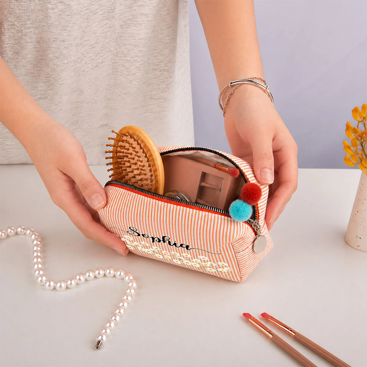 Born To Bloom - Personalized Custom Seersucker Print Makeup Bag - Image 5