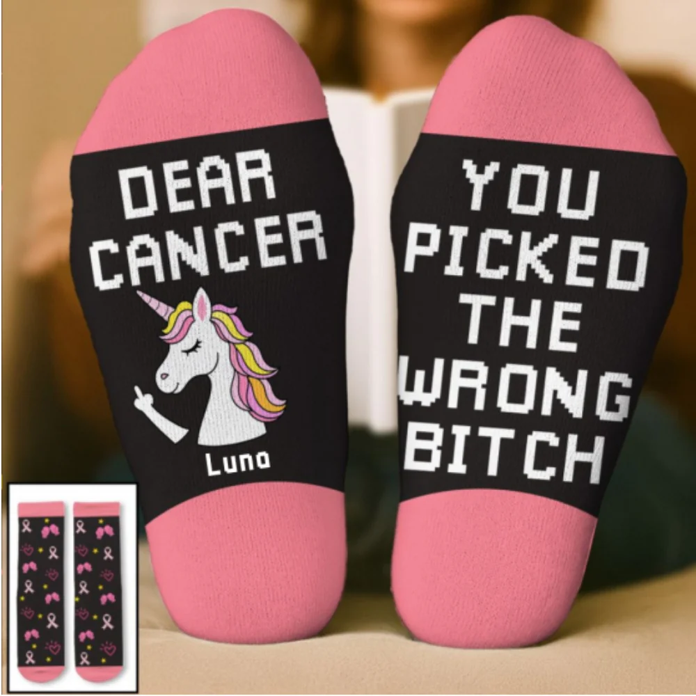 Cancer Picked Wrong Woman - Personalized Custom Crew Socks - Image 7