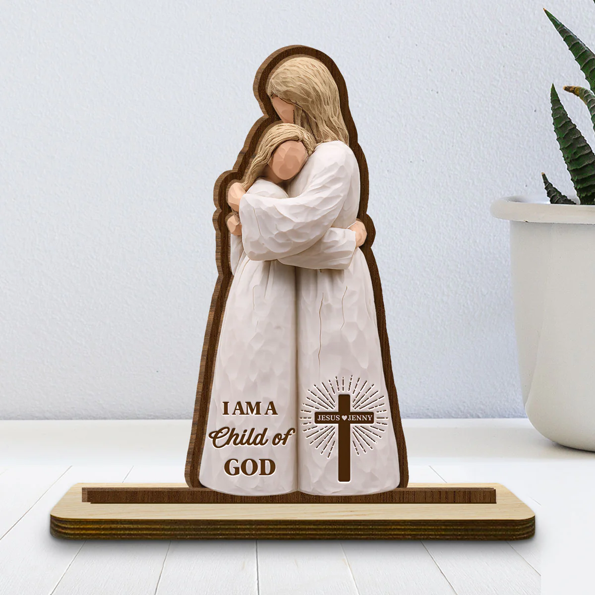 Child Of God Embrace - Personalized Custom 2-Layer Wood Plaque With Flat Base - Image 2