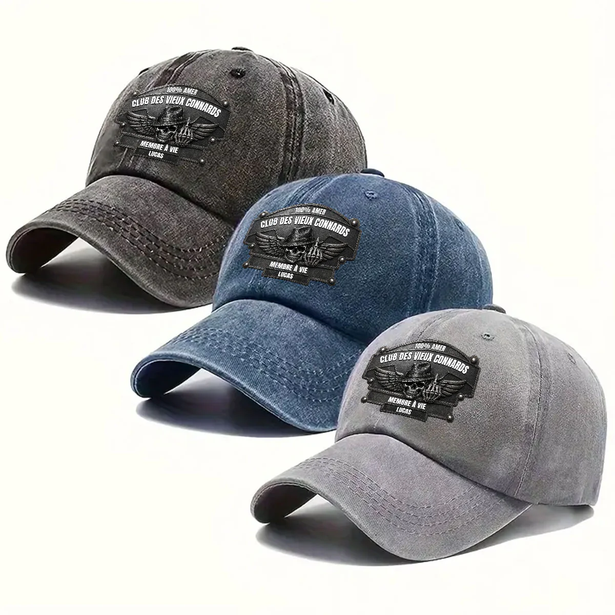 Club Des Vieux Connards - Personalized Custom 3D Effect Vintage Washed Denim Cap - Image 4