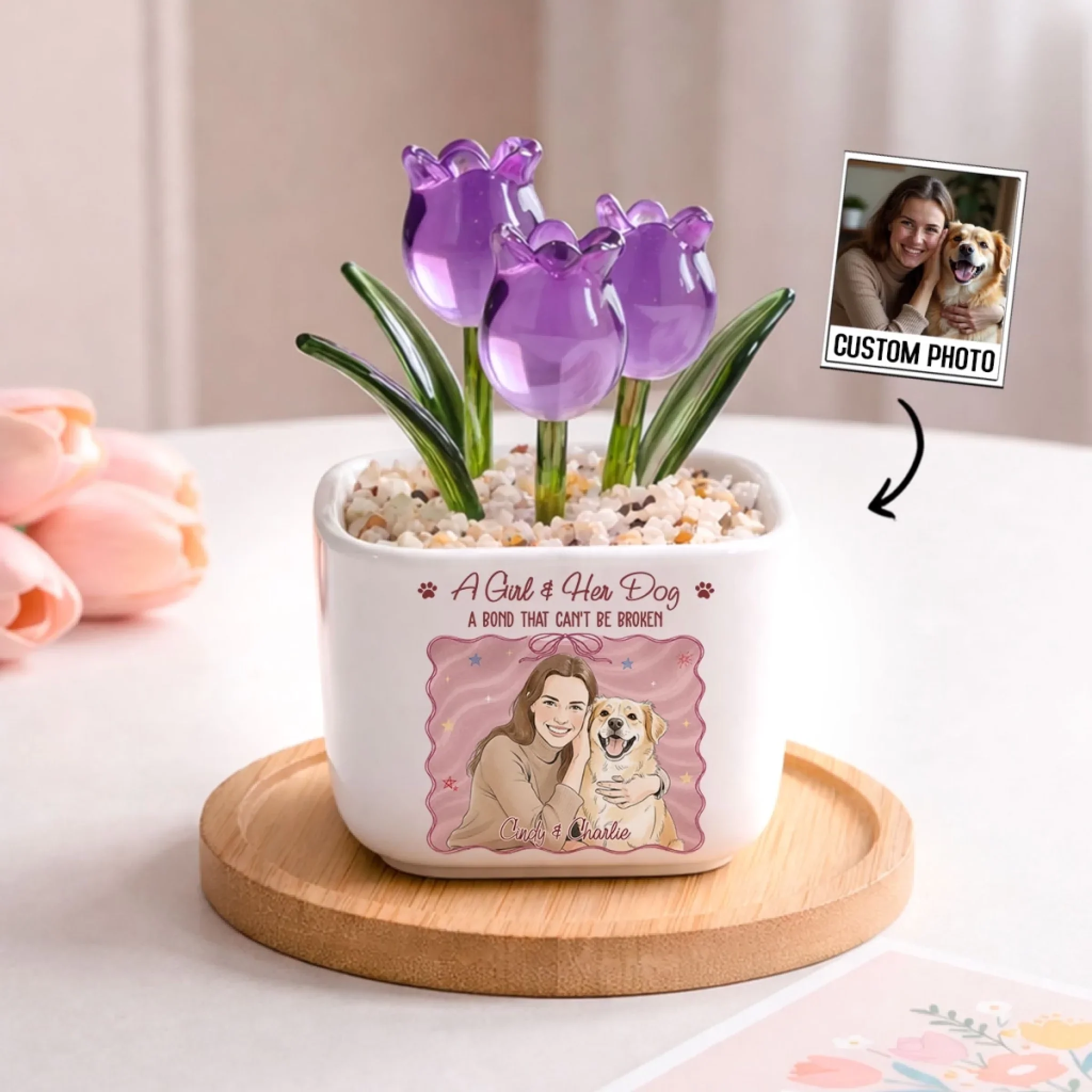 Colorful Girl And Her Dogs - Personalized Custom Glass Everlasting Tulips