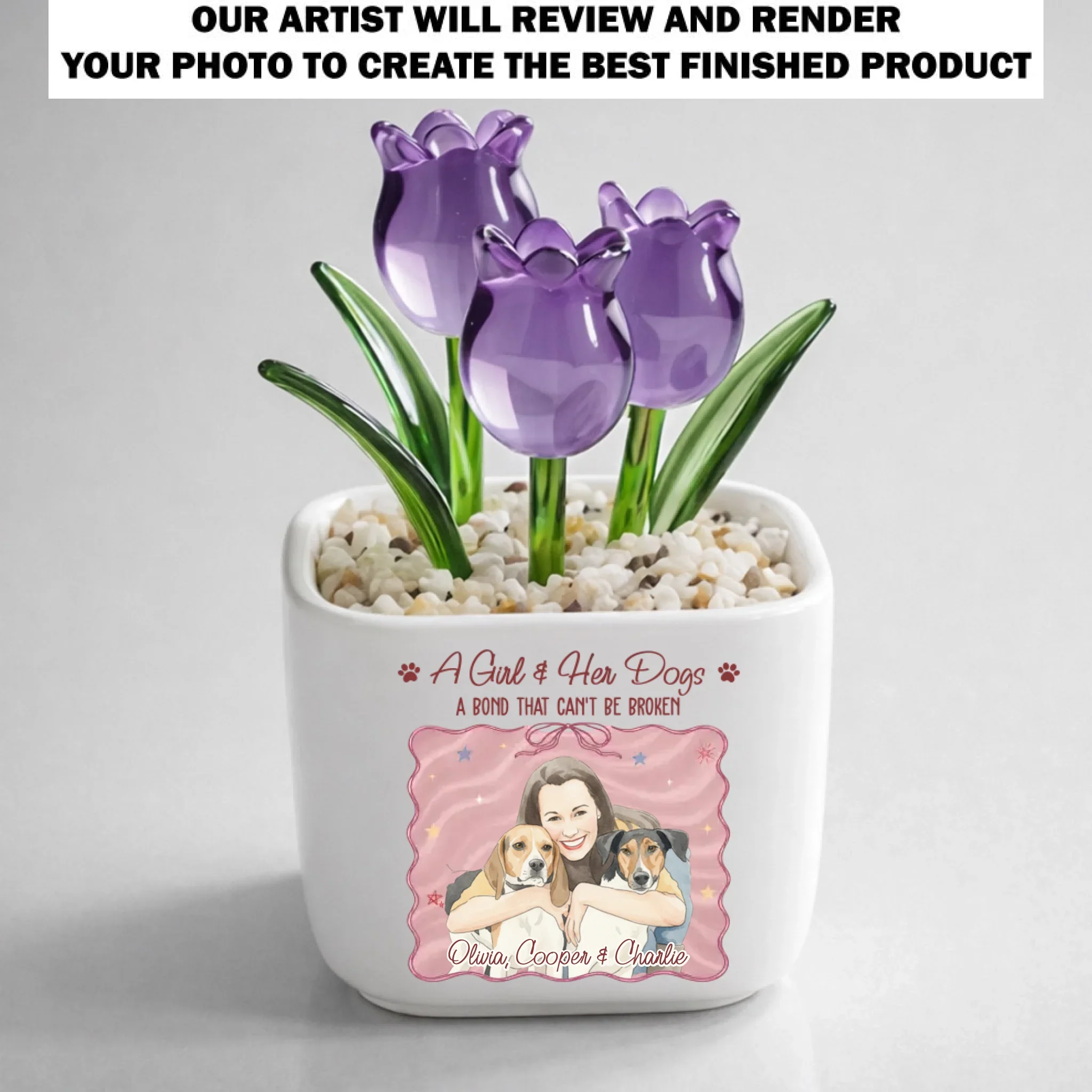 Colorful Girl And Her Dogs - Personalized Custom Glass Everlasting Tulips - Image 10