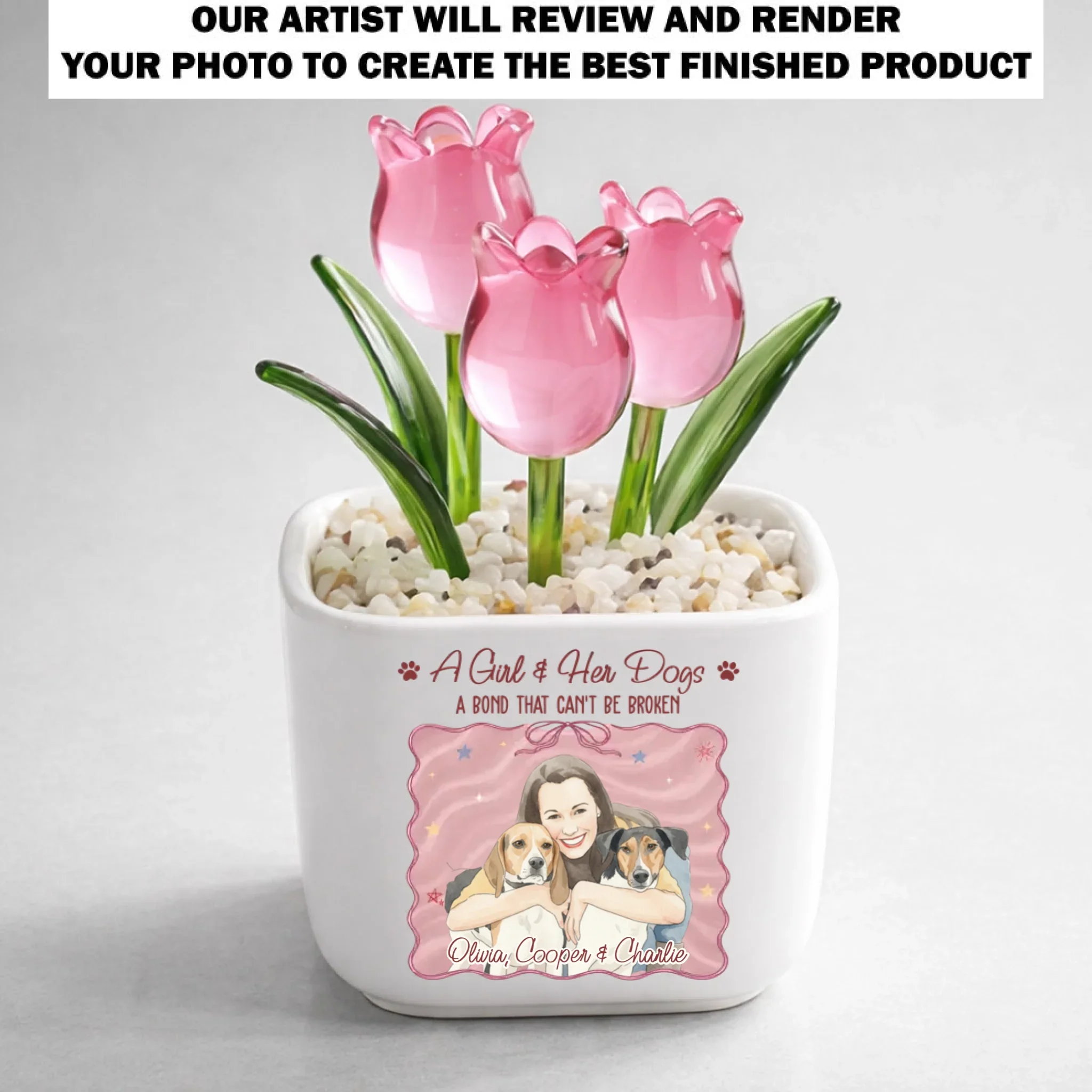 Colorful Girl And Her Dogs - Personalized Custom Glass Everlasting Tulips - Image 11
