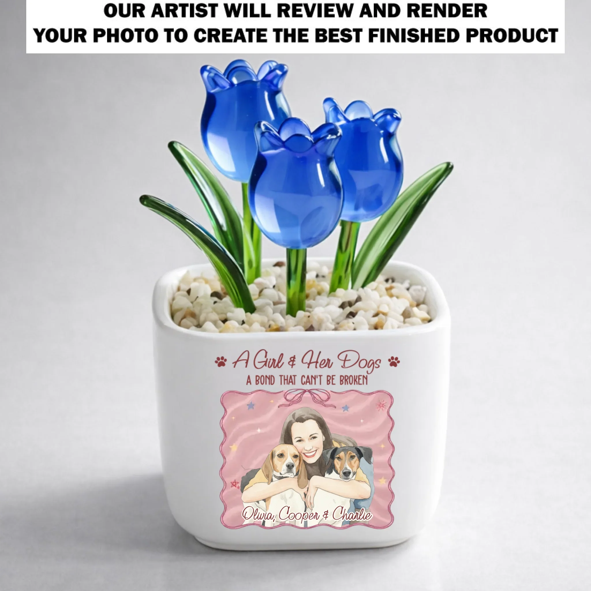 Colorful Girl And Her Dogs - Personalized Custom Glass Everlasting Tulips - Image 12