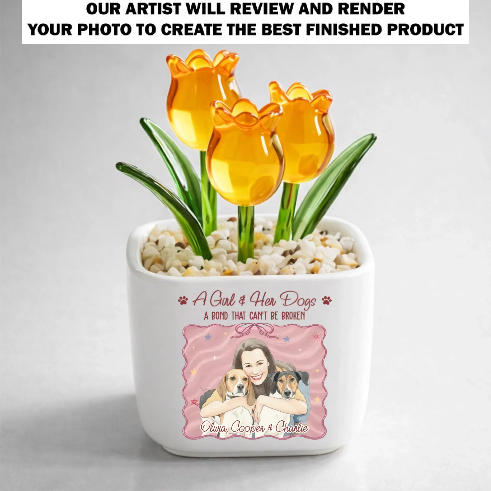 Colorful Girl And Her Dogs - Personalized Custom Glass Everlasting Tulips - Image 13