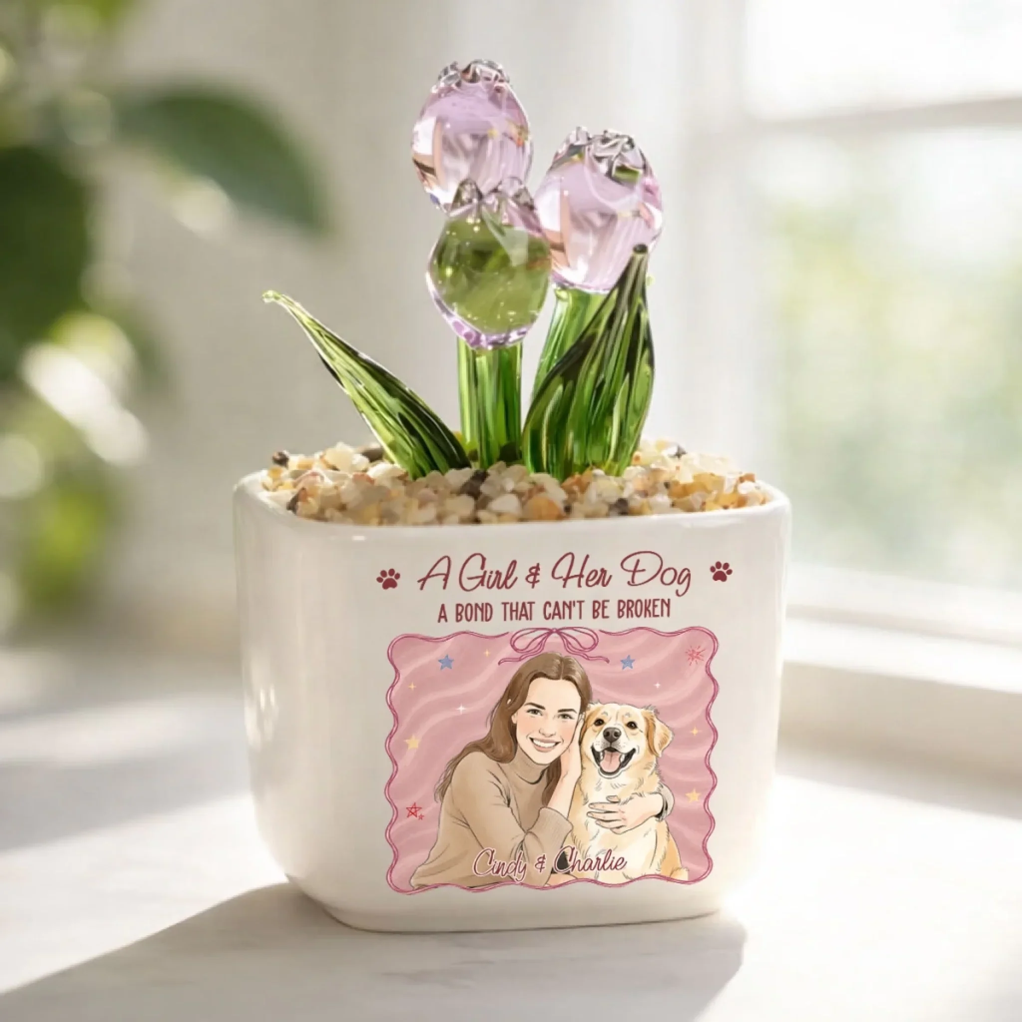 Colorful Girl And Her Dogs - Personalized Custom Glass Everlasting Tulips - Image 6