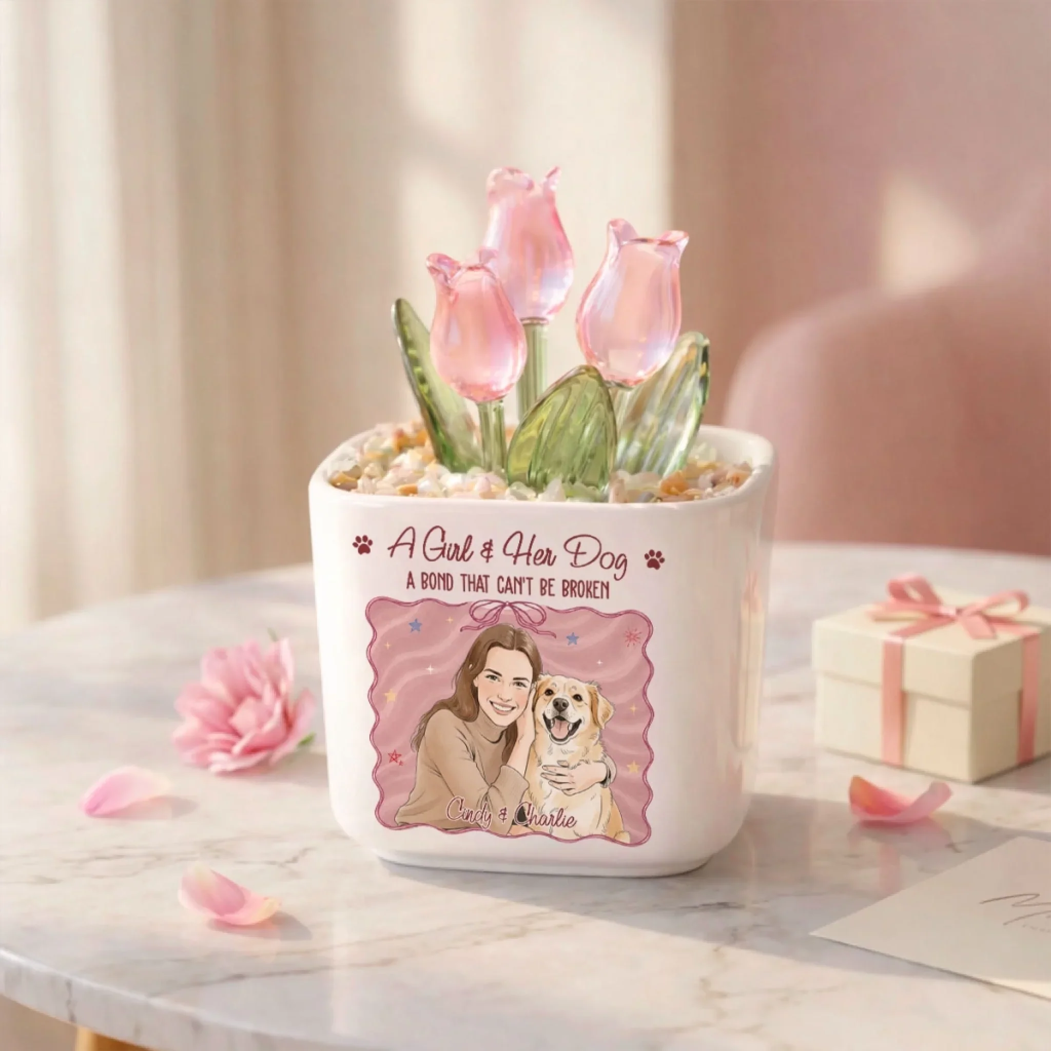 Colorful Girl And Her Dogs - Personalized Custom Glass Everlasting Tulips - Image 7
