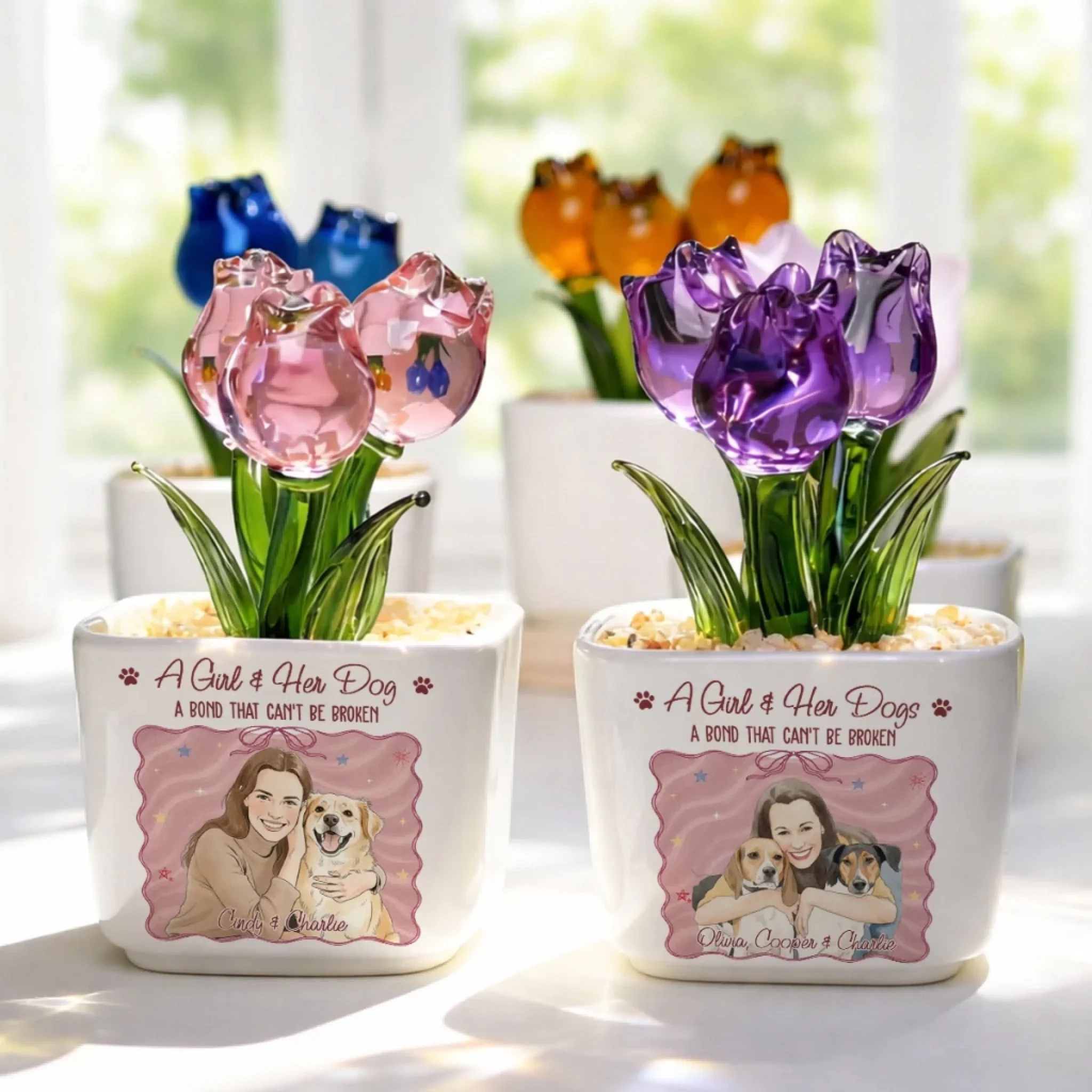 Colorful Girl And Her Dogs - Personalized Custom Glass Everlasting Tulips - Image 8