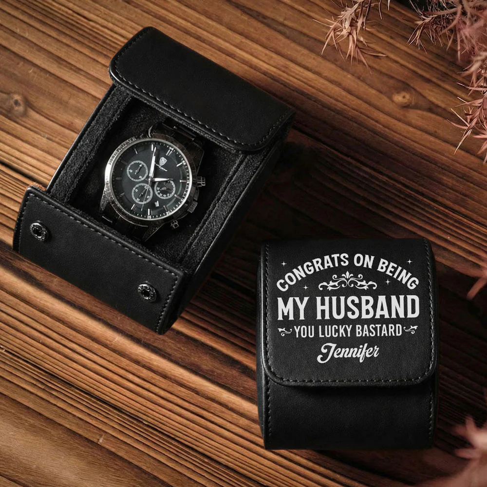 Congrats On Being My Husband - Personalized Custom Leather Watch Case - Image 2
