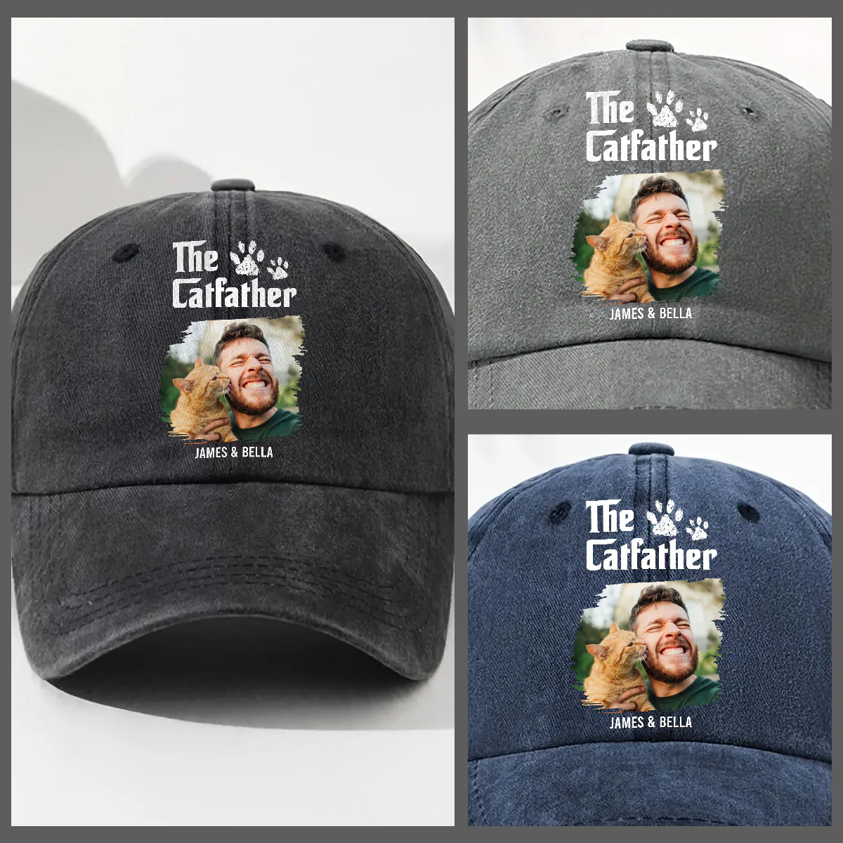 Cool Cat Father Retro Photo - Personalized Custom Vintage Washed Denim Cap - Image 2