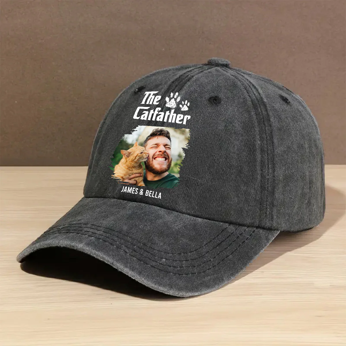 Cool Cat Father Retro Photo - Personalized Custom Vintage Washed Denim Cap - Image 3