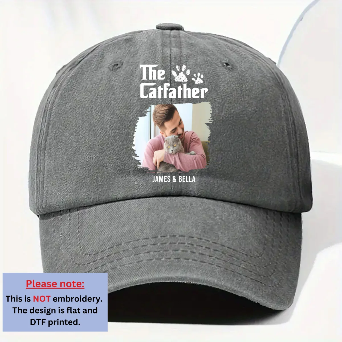 Cool Cat Father Retro Photo - Personalized Custom Vintage Washed Denim Cap - Image 6