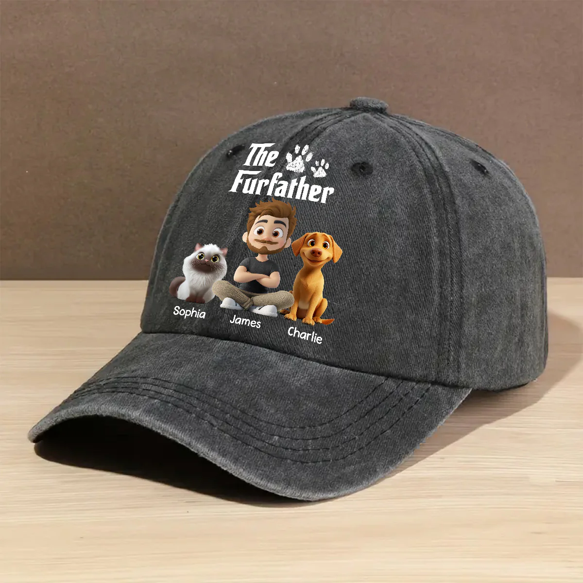 Cool Fur Father - Personalized Custom Vintage Washed Denim Cap - Image 2
