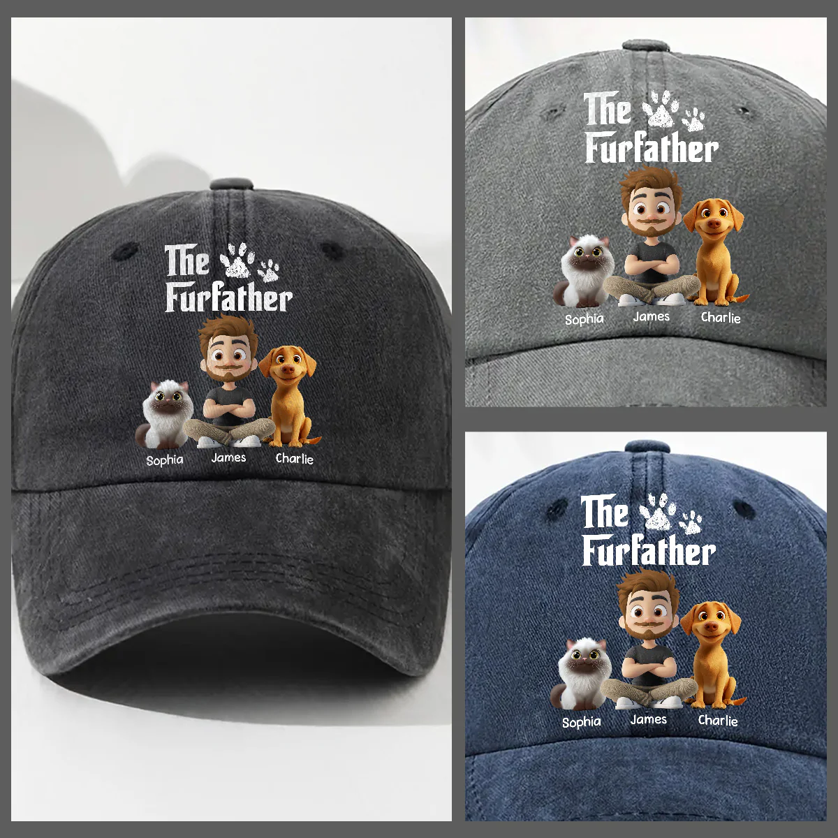 Cool Fur Father - Personalized Custom Vintage Washed Denim Cap - Image 3