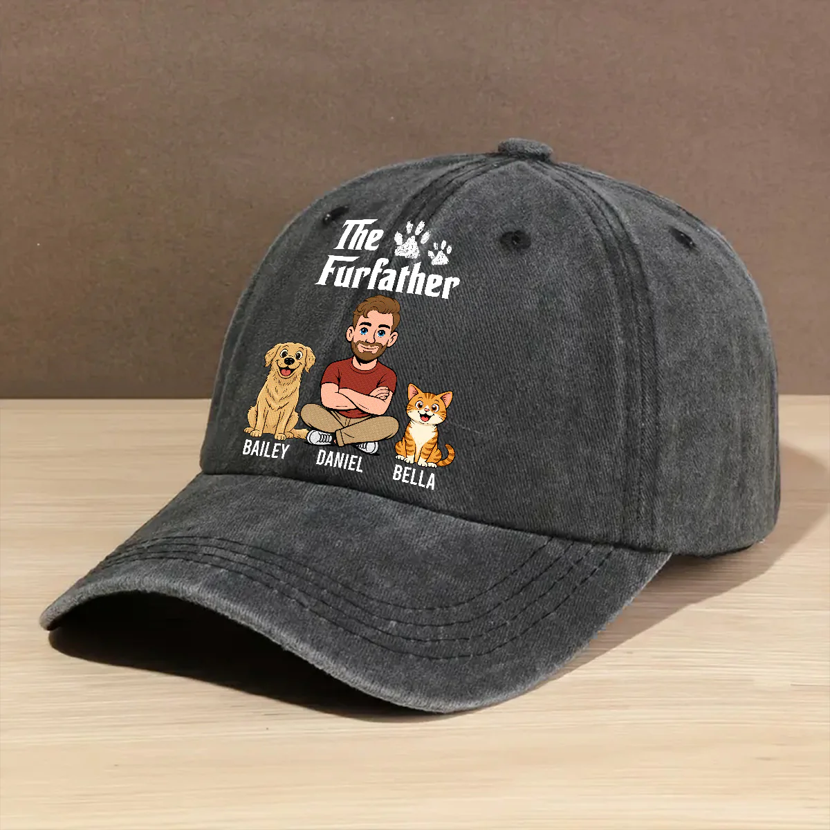 Cool Fur Father Retro - Personalized Custom Vintage Washed Denim Cap - Image 2