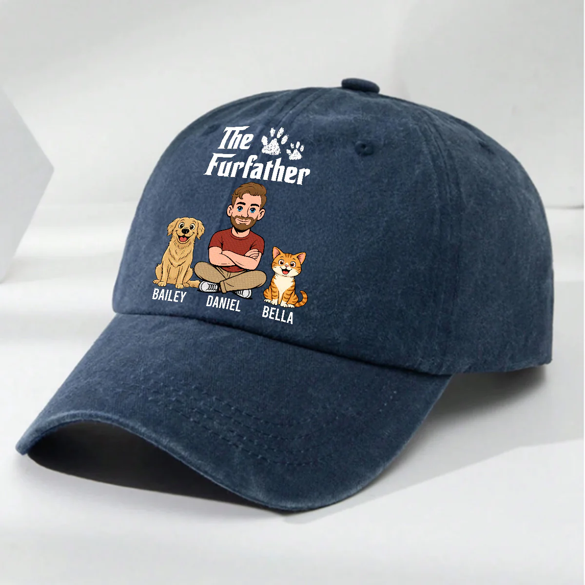 Cool Fur Father Retro - Personalized Custom Vintage Washed Denim Cap - Image 5