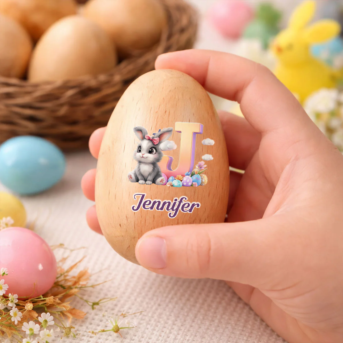 Cute Bunny Easter Eggs - Personalized Custom Wooden Egg Shaker - Image 3