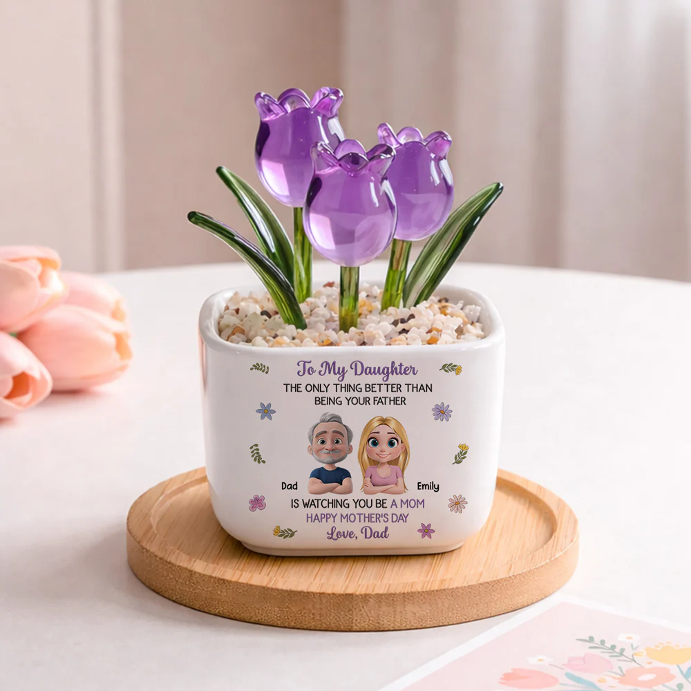 Dad And Daughter Linked Together Cartoon - Personalized Custom Glass Everlasting Tulips