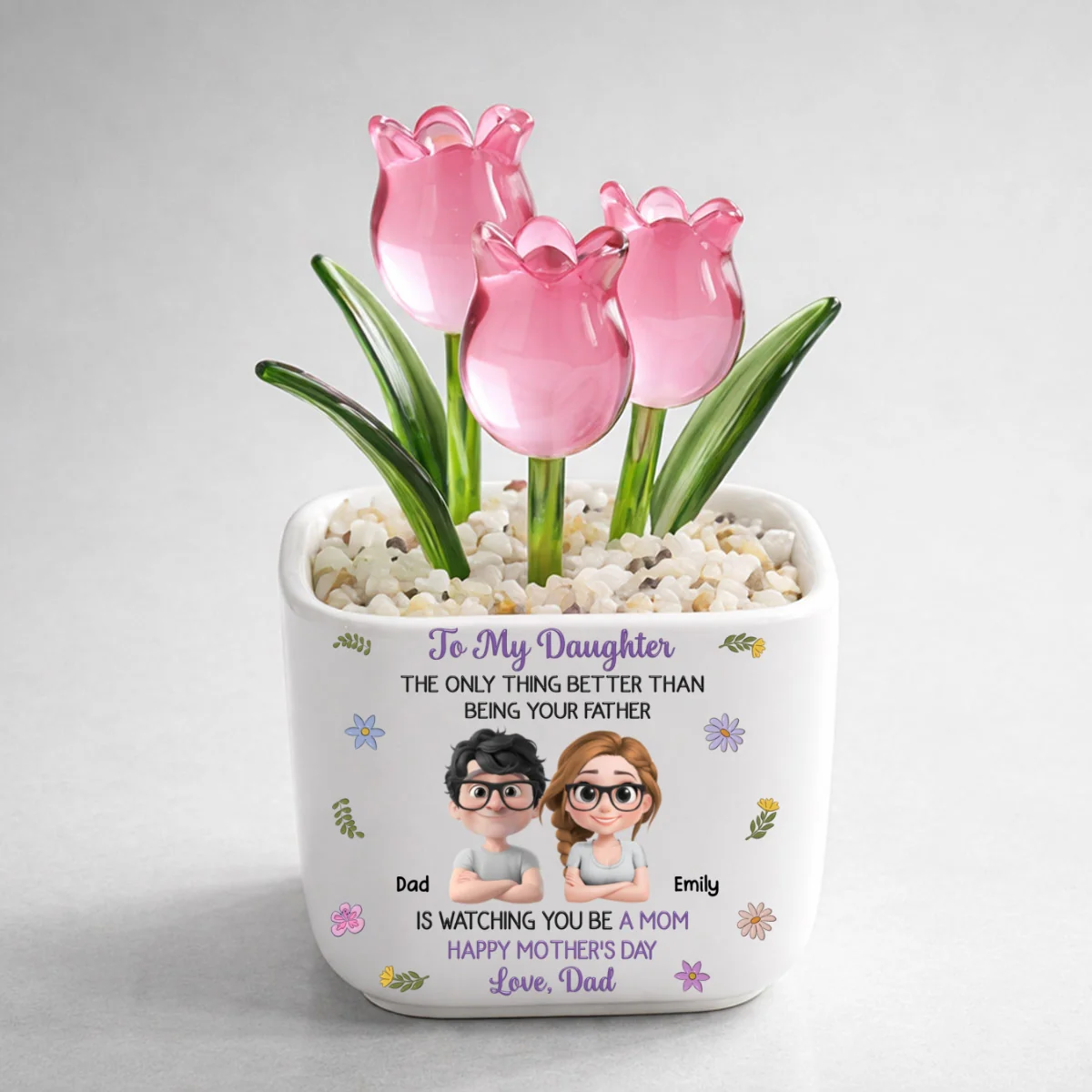 Dad And Daughter Linked Together Cartoon - Personalized Custom Glass Everlasting Tulips - Image 11