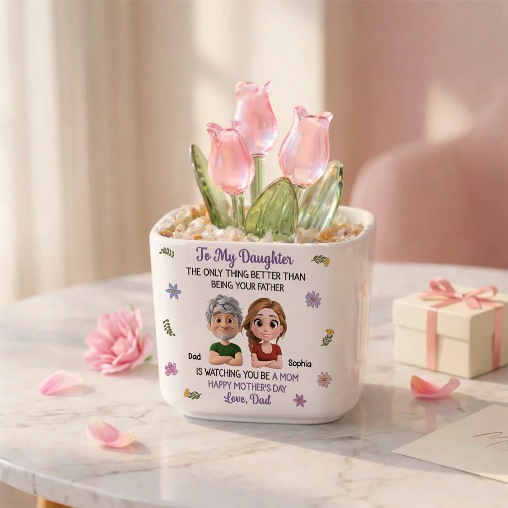 Dad And Daughter Linked Together Cartoon - Personalized Custom Glass Everlasting Tulips - Image 6