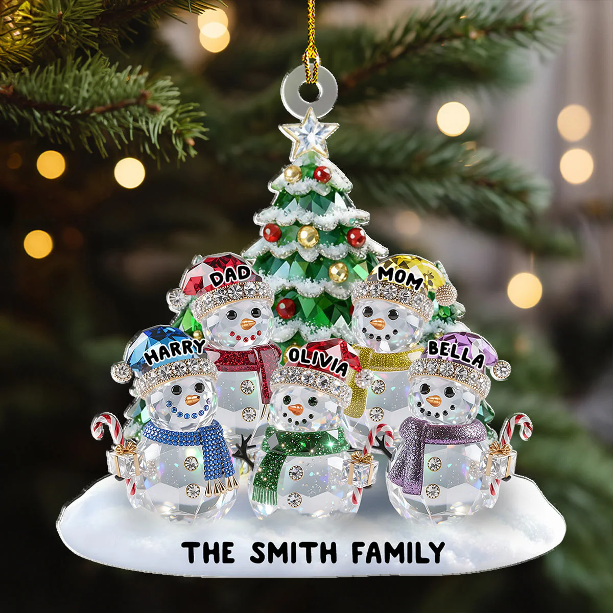 Elegant Glass Snowman Family - Personalized Custom Acrylic Ornament