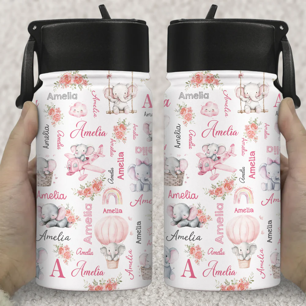 Elephant Love - Personalized Custom Kids Water Bottle - Image 3