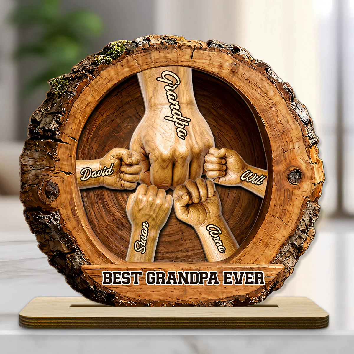 Family Bond Hand Sculpture - Personalized Custom 2-Layer Wood Plaque With Flat Base