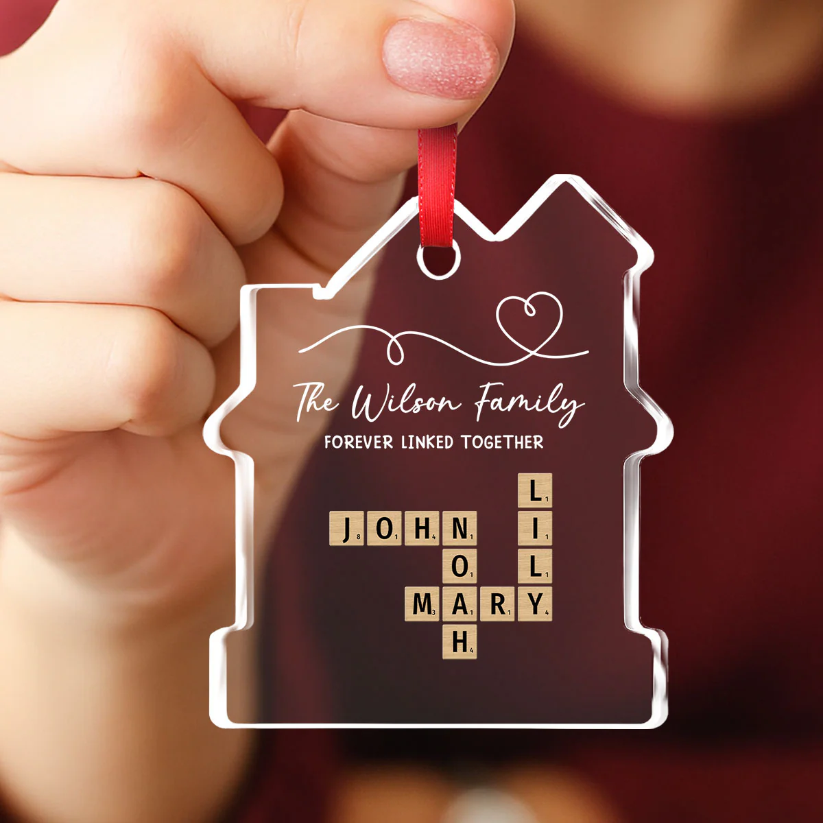 Family Hearts Forever Linked Together - Personalized Custom House Shaped Glass Ornament - Image 3